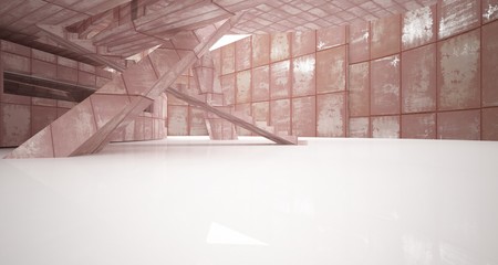 Empty smooth abstract room interior of sheets rusted metal with gray concrete. Architectural background. 3D illustration and rendering