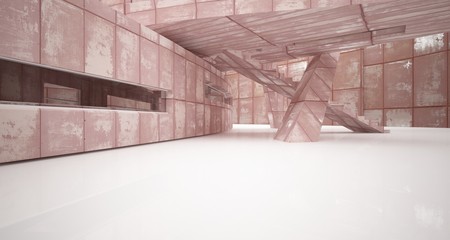 Empty smooth abstract room interior of sheets rusted metal with gray concrete. Architectural background. 3D illustration and rendering