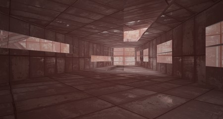 Empty smooth abstract room interior of sheets rusted metal with gray concrete. Architectural background. 3D illustration and rendering