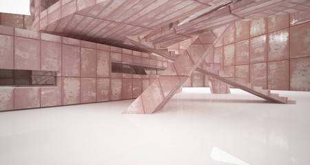 Empty smooth abstract room interior of sheets rusted metal with gray concrete. Architectural background. 3D illustration and rendering