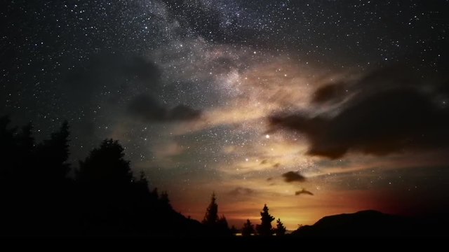 4k time lapse video of the milky way with clouds in the Austrian Alps.