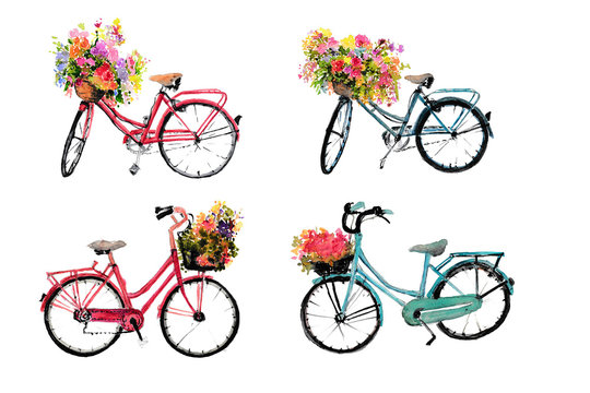 Set of watercolor bicycle with flower on white background, bike art, hand drawn