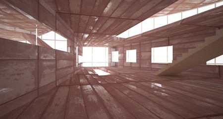 Empty smooth abstract room interior of sheets rusted metal with gray concrete. Architectural background. 3D illustration and rendering