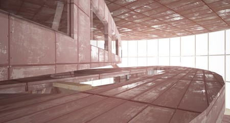 Empty smooth abstract room interior of sheets rusted metal with gray concrete. Architectural background. 3D illustration and rendering