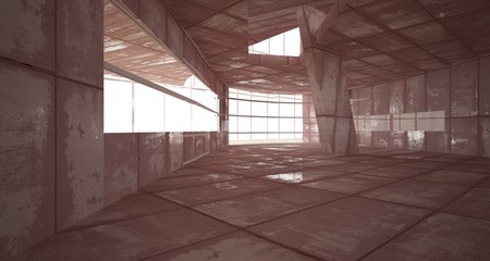 Empty smooth abstract room interior of sheets rusted metal with gray concrete. Architectural background. 3D illustration and rendering
