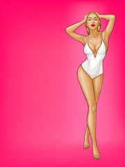 Vector pop art blonde woman with wet hair, blue eyes in white one-piece swimming suit isolated on pink background. Sexy character in underwear for ad poster, promo banner, design illustration.