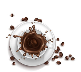 Vector 3d realistic cup of coffee with splashing drops. Saucer with beans isolated on white background. Top view of arabica drink or americano. Mock up, template for ad poster, banner