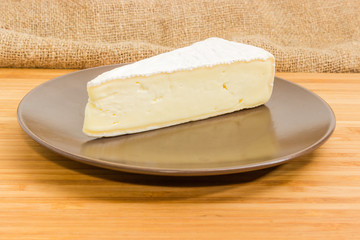 Piece of the brie cheese on brown dish close-up