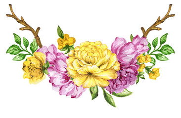 Watercolor gouache wreath with rose flower