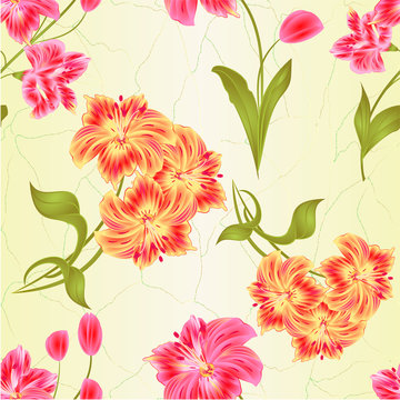 Seamless texture bunch orange and pink  Lily Alstroemeria stem flower and leaves  closeup isolated vintage vector illustration for design editable  hand draw
