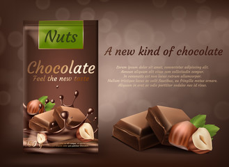Vector promotion banner, package of milk chocolate with hazelnuts isolated on brown background. Sweet confectionery product, choco bars with whole nuts. Mockup for package design and brand advertising