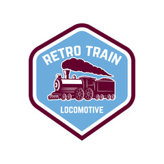 Emblem template with vintage train. Design element for logo, sign, label.