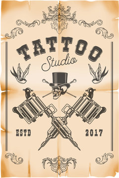 Tattoo studio poster template. Skull with crossed tattoo machines on grunge background. Design element for logo, label, emblem, sign, poster.