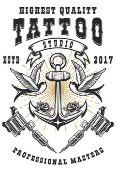 Tattoo studio poster template. Crossed tattoo machines, anchor with swallows. For poster, print, card, banner.