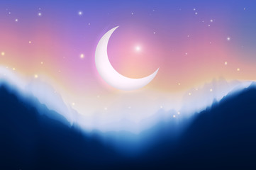 Fototapeta na wymiar Illustration Ramadan Kareem. Greeting card with big moon, stars, night mountains. Graphic concept for your design