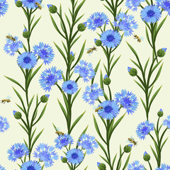 seamless pattern with cornflowers and bees 