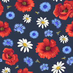 seamless pattern with wildflowers and bees 