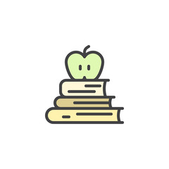 Books and apple on the top filled outline icon, line vector sign, linear colorful pictogram isolated on white. Knowledge symbol, logo illustration. Pixel perfect vector graphics