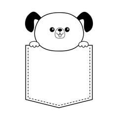 Dog in the pocket holding hands. Doodle contour linear sketch. Cute cartoon animals. Puppy pooch character. Dash line. Pet animal. White and black color. T-shirt design. Baby background. Flat