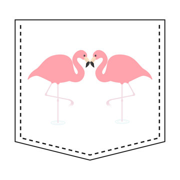 Flamingo love couple pocket print. T-shirt design. Cartoon animals. Cute baby character. Dash line. Bird animal. White background. Isolated. Flat design