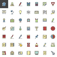 Education filled outline icons set, line vector symbol collection, linear colorful pictogram pack. Signs, logo illustration, Set includes icons as Graduation cap, Apple with book, Pencil, Whiteboard