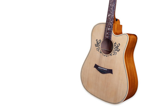acoustic guitar, flower Inlay on Fingerboard around sound hole, with clipping path, isolated on white background