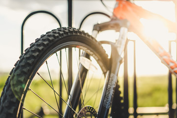 Bicycle closeup. Front wheel with sun glare