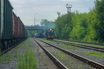 Obraz premium Train on the railway among the trees