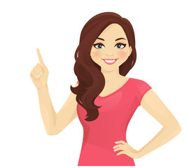 Smiling woman pointing up isolated vector illustration