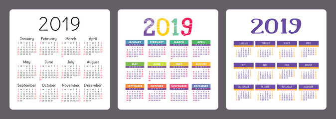 Calendar 2019 year. Colorful English set. Week starts on Sunday. Vector template collection. Calender collection. Basic grid