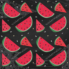 Pattern of sweet juicy watermelon seamless pattern. Summer exotic food. Beautiful hand drawn illustration of fruits on chalkboard background
