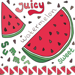 Sweet juicy Watermelon and ice ream. Summer exotic food. Beautiful hand drawn illustration of fruits and ice cream