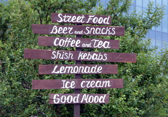 Pointers in English in the park of the 300th anniversary of St. Petersburg, Russia