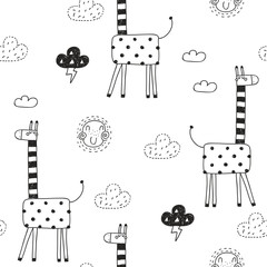Seamless pattern with cute cartoon giraff and clouds. Vector texture in doodle style great for fabric and textile, wallpapers, backgrounds. Scandinavian style.