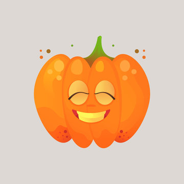 Character cartoon pumpkin. Emotional icon. He rocks his teeth with his eyes closed, very happy, peaceful. To the day of Halloween. Sticker for messengers and other communications.