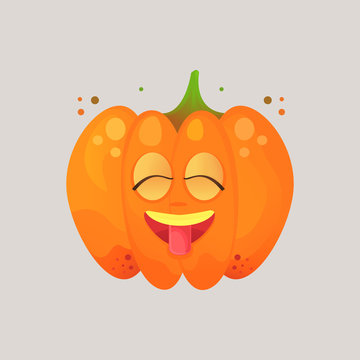 Character cartoon pumpkin. Emotional icon. Very happy, shows the tongue, eyes closed with pleasure. To the day of the Halloween. Sticker for messengers and other communications.