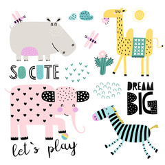 Vector set of children's drawings - exotic animals. Doodle style. Ideal for childs decoration. African set. Slogan set