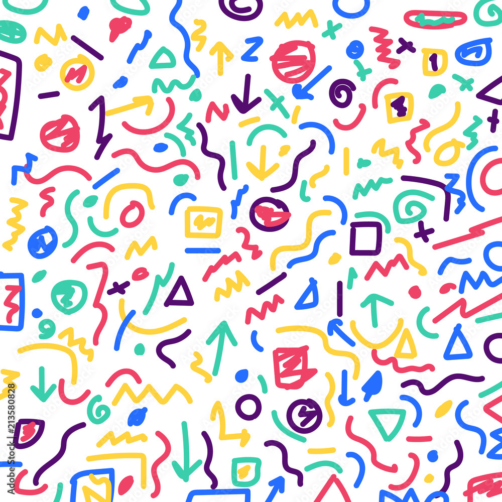 Poster hand drawn colorful geometric border pattern and lines bundle on white background.