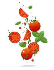 Flying fresh tomatoes and spices concept , healthy food background , vector, illustration