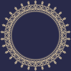 Oriental vector round golden frame with arabesques and floral elements. Floral border with vintage pattern. Greeting card with place for text