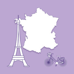 Map of France, tower, bicycle.