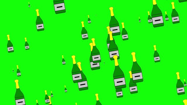 Falling Animated Champagne Water Bottles Flat Design Cartoon Particles Overlay Background on Green Screen UHD 4K