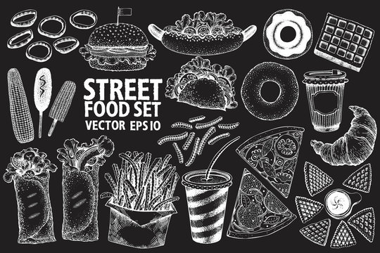 Fast food vector illustration set. Hand drawn street food on chalk board. Can be use for fast food restaurant or cafe menu or packaging design.