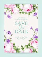 Invitation vertical card. Floral vertical vintage invitation with pink garden blooming flowers. Vector illustration.