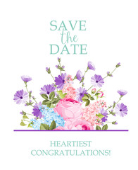 The chicory garland elegant card. A summer decorative bouquet of endive and rose flowers. Small floral garland. Vector illustration.