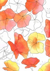 Chinese flower in warm color by watercolor and outline of Chinese flower out of painting.