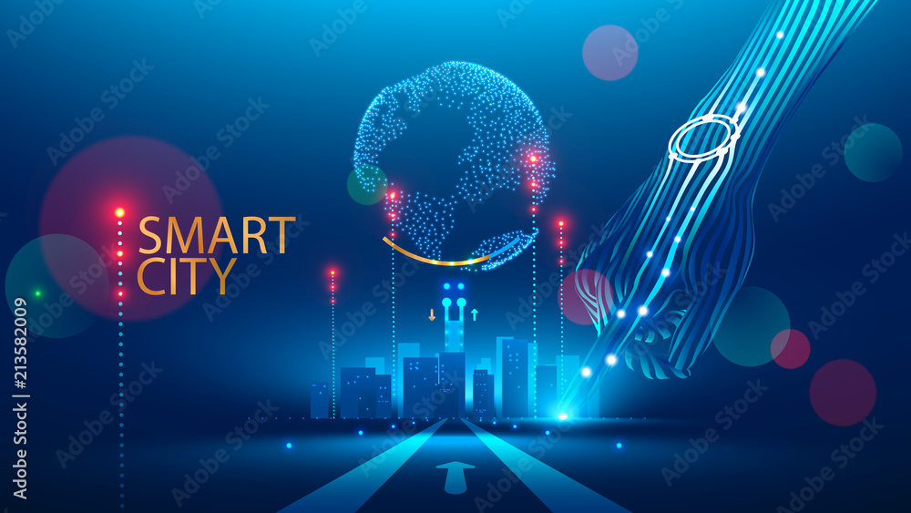 Poster Smart City communication with global network and urban infrastructure. Wireless connection technology in lifestyle social medium. Communication Network transmit Information through internet of Things.
