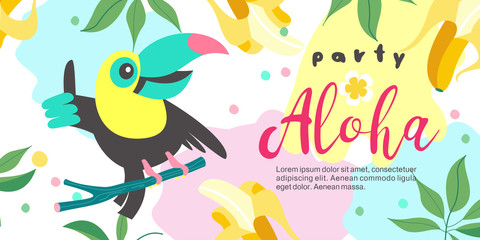 Hello summer. Party tropical Paradise. Vector illustration, invitation to a party with a cute Toucan bird. © katedemian