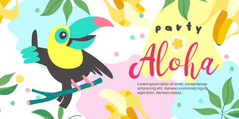 Hello summer. Party tropical Paradise. Vector illustration, invitation to a party with a cute Toucan bird.