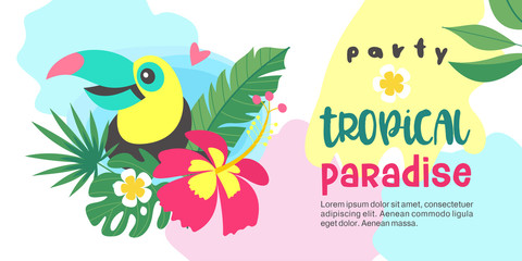 Hello summer. Party tropical Paradise. Vector illustration, invitation to a party with a cute Toucan bird. © katedemian